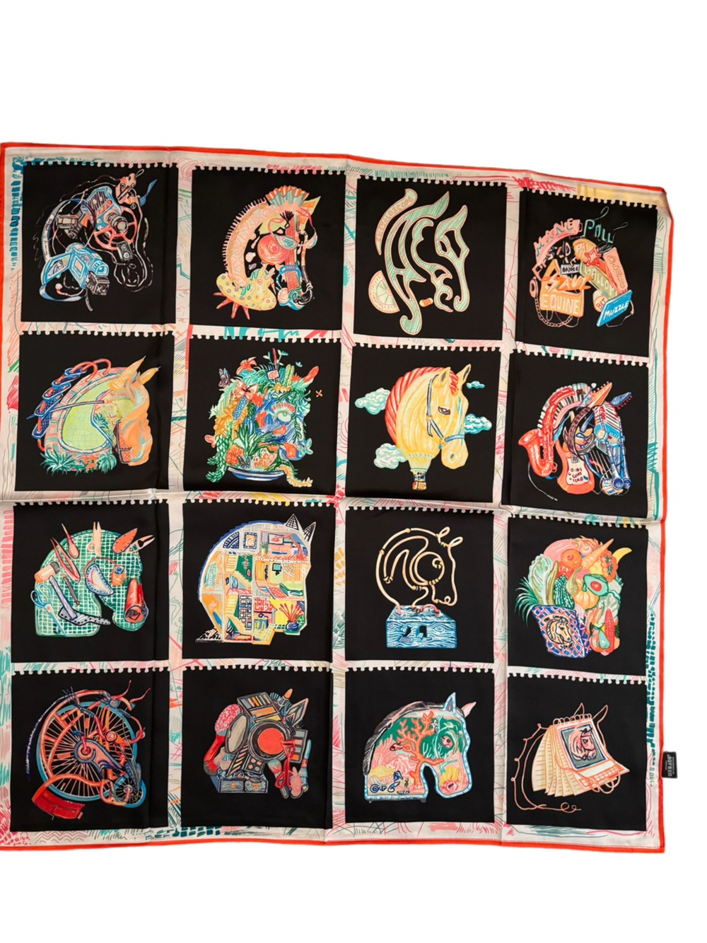 Colorful Graphic Panel Silk Scarf - Black Background with Multicolor Motifs